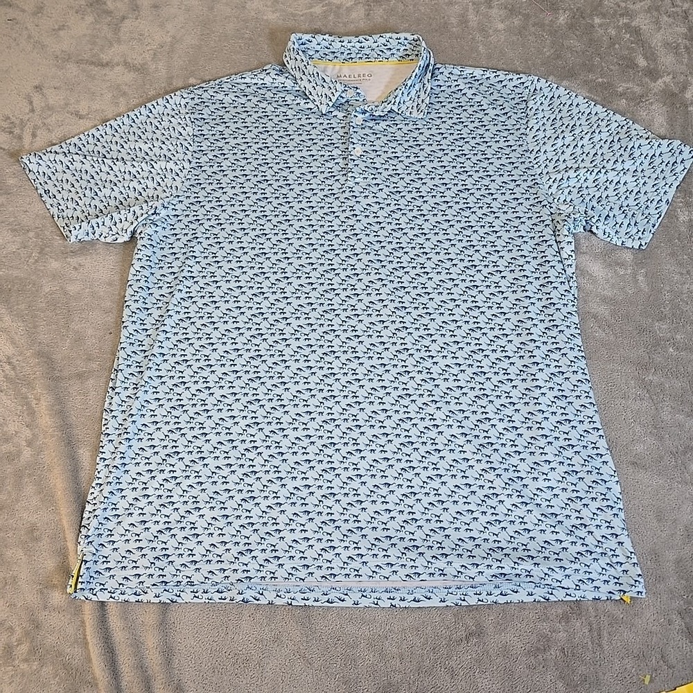 Maelreg‎ Shirt Mens XXL Blue Performance Polo Dinosaur All Over Print Golf